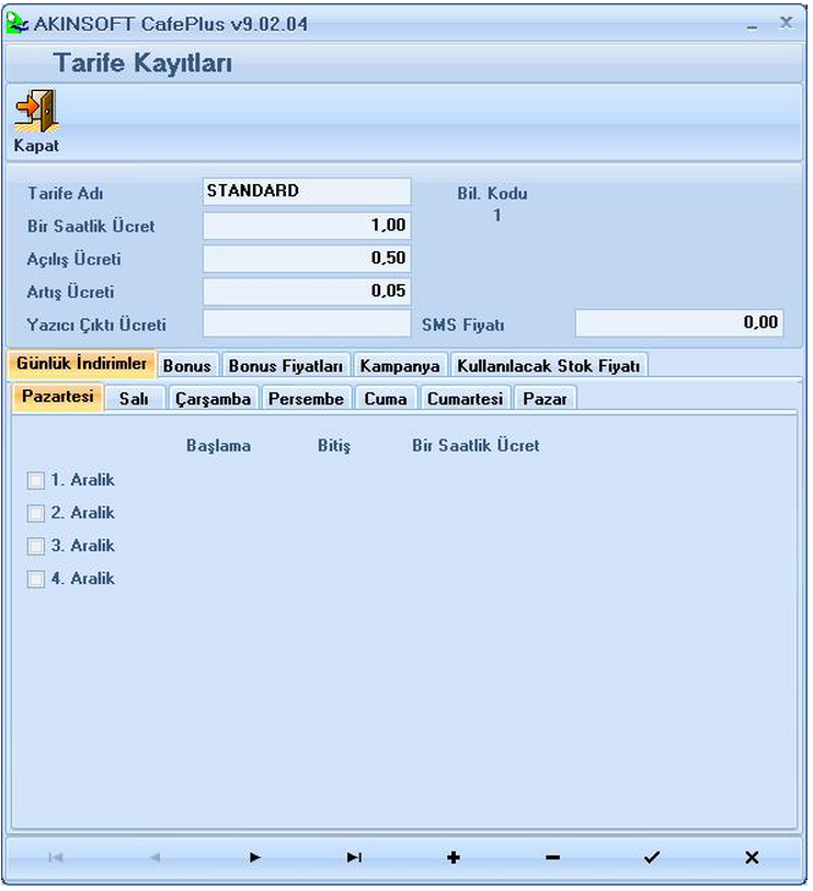 CafePlusÜcretlendirme Ayarları