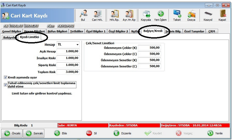WOLVOX ERP Programı Cari Kredi Limitleri Oluşturma1
