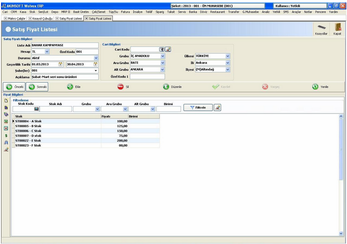 WOLVOX ERP programı satış fiyat listesi oluşturma işlemleri.