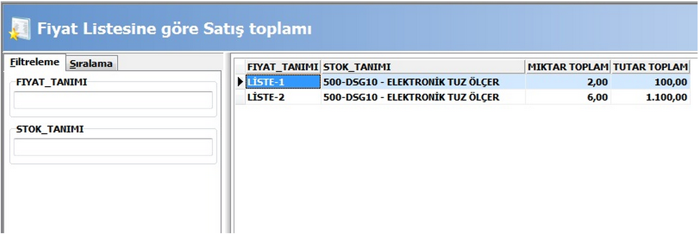 Wolvox ERP Fiyat Listesine Göre Satış Raporu